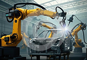 Robotic arms welding a car frame in an industrial manufacturing setting