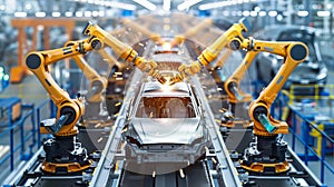 Robotic arms welding car parts in high speed production line with precision and technology emphasis