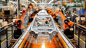 Robotic arms work on a car assembly line in a modern factory.