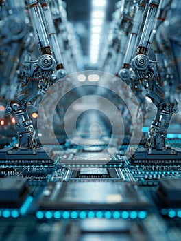 Mechanical arms efficiently assembling electronics in a modern manufacturing facility