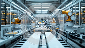 Robotic arms working in automated factory setting. ai generative