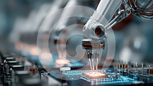 Robotic arms working on electronic circuit board, placing microchip