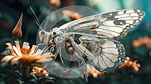 Robotic artificial butterfly pollinating a flower. Representation of a futuristic insectoid robot pollinator in a technologically photo