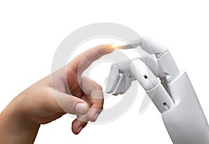 Robotic artificial intelligence future transition child human hand finger hit robot hand press