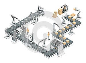 Robotic assembly line in an automated factory. Conveyor system and robotic arms. Isometric