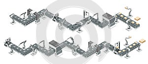 Robotic assembly line with conveyor belt in an automated factory. Isometric vector