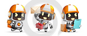 Robotic assistant characters vector set. Robots ai characters holding bags, mail and checklist for friendly delivery robot.