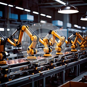 Robotic automatic servo arms for automated assembly line in factory photo