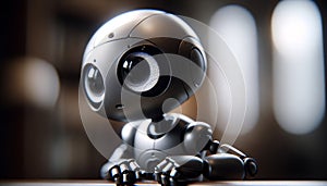 Robotic baby with expressive eyes on a blurred background