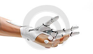 Robotic bionic hand connected with human hand photo