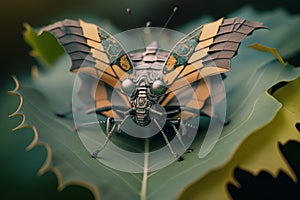 robotic butterfly sitting on green leaf illustration Generative AI