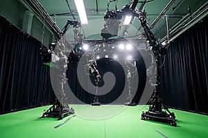 Robotic Camera System in Modern Television Studio on Green Screen