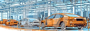 robotic car production line in automotive factory, banner, made with Generative AI