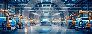 robotic car production line, photorealistic banner with copy space, wallpaper, made with Generative AI