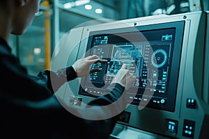 Robotic CNC machine operator programming automated milling equipment in workshop. Generative AI