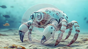 Robotic crab explores ocean floor with intricate design and barnacle details, AI photo