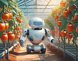 A robotic device in a greenhouse, autonomously moving between rows of tomato plants photo