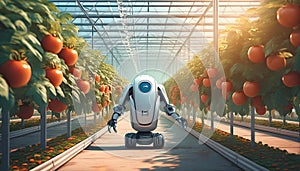 A robotic device in a greenhouse, autonomously moving between rows of tomato plants photo