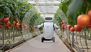 A robotic device in a greenhouse, autonomously moving between rows of tomato plants photo