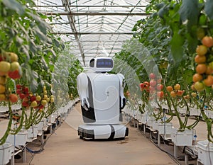 A robotic device in a greenhouse, autonomously moving between rows of tomato plants photo