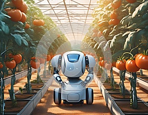 A robotic device in a greenhouse, autonomously moving between rows of tomato plants photo