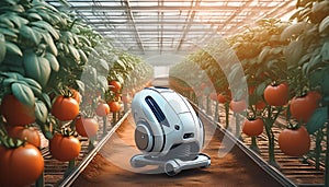 A robotic device in a greenhouse, autonomously moving between rows of tomato plants photo