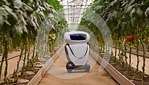 A robotic device in a greenhouse, autonomously moving between rows of tomato plants photo
