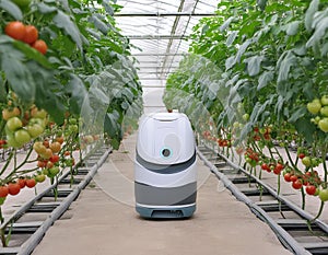 A robotic device in a greenhouse, autonomously moving between rows of tomato plants photo