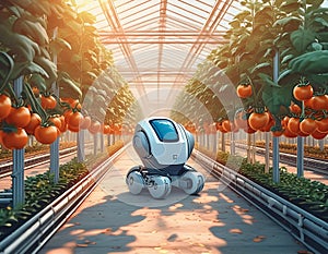 A robotic device in a greenhouse, autonomously moving between rows of tomato plants photo