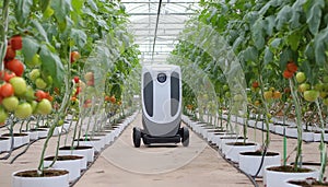 A robotic device in a greenhouse, autonomously moving between rows of tomato plants photo