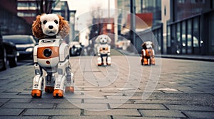 Robotic dogs on urban walkway, displaying future of companionship