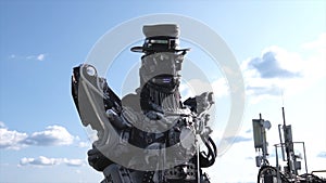 Robotic droids head and shoulders. Footage. Droid robot on background of sky with clouds. Technology concept