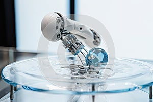 robotic end-effector grasping delicate glass sphere, for example for product packaging