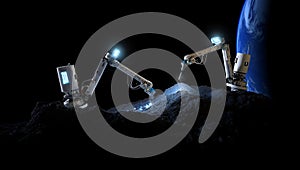 Robotic excavators mining resources on the moon surface