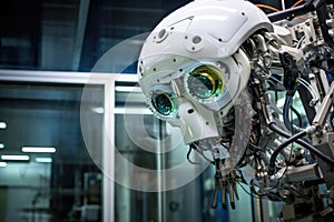 a robotic eye of a humanoid robot in a technology research lab