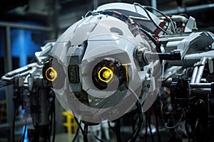 a robotic eye of a humanoid robot in a technology research lab