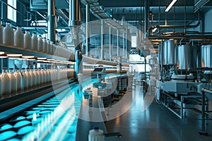 Robotic factory line for processing and bottling of milk.