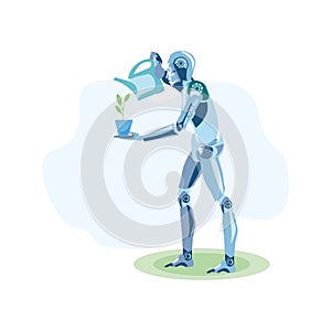 Robotic Farmer Growing Plants Flat Illustration