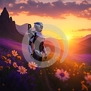 A robotic figure with a human-like face, standing in a field of wildflowers.