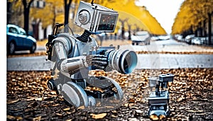 Robotic Filmmaker Capturing Autumn Scene photo
