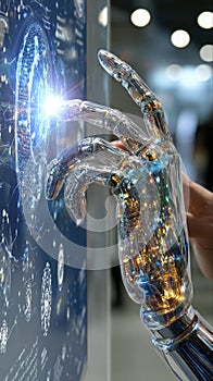 Robotic finger touching transparent UI screen