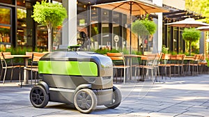 Robotic food delivery unit on a sidewalk near outdoor restaurant seating