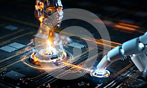 Robotic hand activating digital button with holographic interface showing ai robot face. Artificial intelligence and future tech