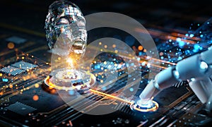 Robotic hand activating digital button with holographic interface showing ai robot face. Artificial intelligence and future tech