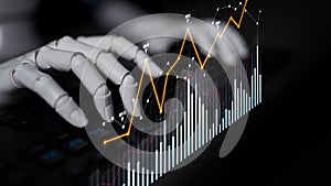 Robotic Hand Analyzing Data Trends and Financial Graphs in a Modern Digital Workspace with Innovative Technology Concept