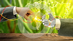 Robotic hand and business hand with digital world