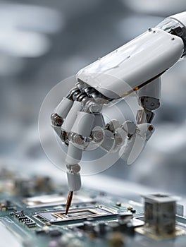 Robotic Hand Assembling a Microprocessor in a High-Tech Laboratory Setting