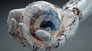 Robotic hand cradling digital Earth with particle network connections in sci-fi minimalism