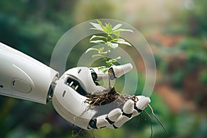 robotic hand delicately cradles a tiny plant, symbolizing the harmonious coexistence of technology and nature,
