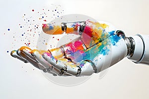 Artificial intelligence hand with colorful paint splashes abstract creative concept